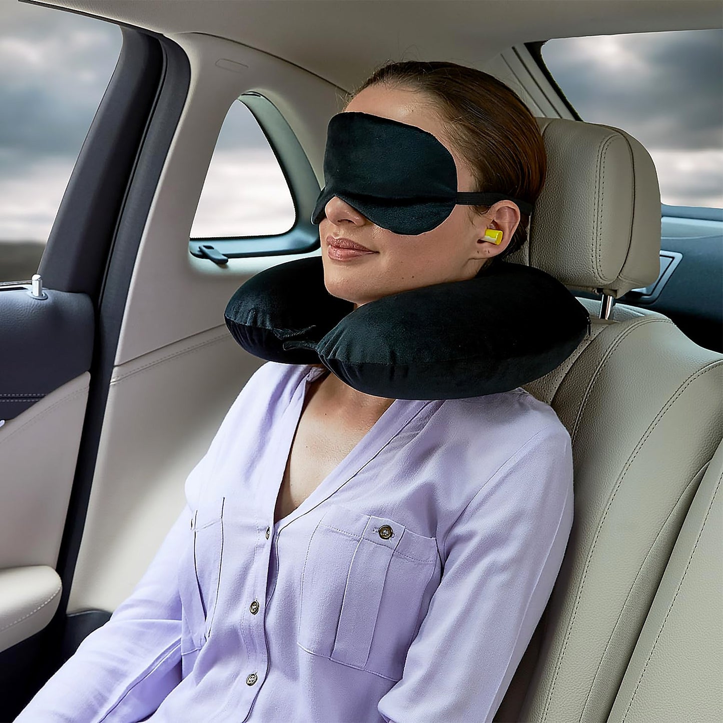 8512 3 in 1 Comfortable Travel Sleeping Kit, Neck Pillow, Eye Mask & Ear Plug Set Inflatable Plane Sleeping Pillow Head Neck Support Pillows for Travel Airplane Office, Black