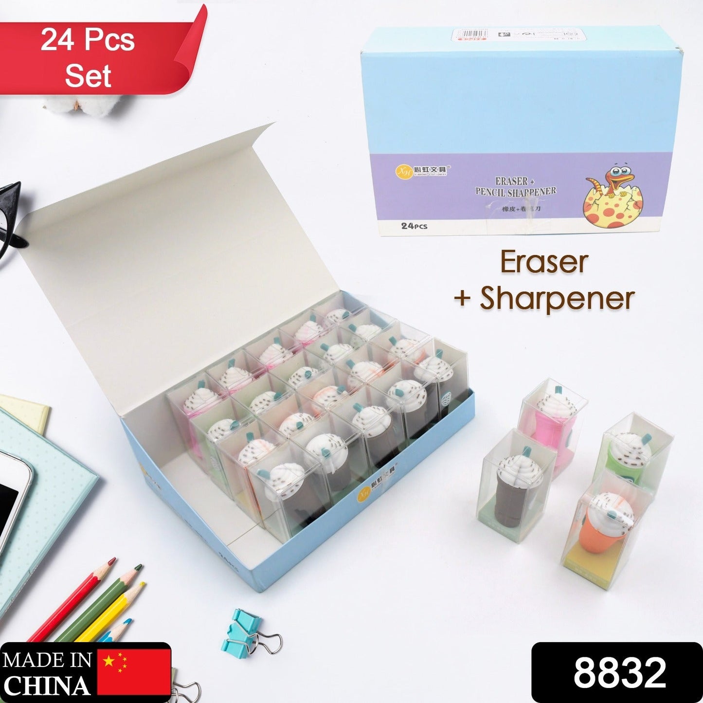 2In1 3D Cute Coffee Or Ice cream Shape sharpner Like Rotary Manual Pencil Sharpener for Kids Ice Cream Style Office School Supplies, Back to School Gift for Students,Kids Educational Stationary kit, B'Day Return Gift (24 Pcs Set)